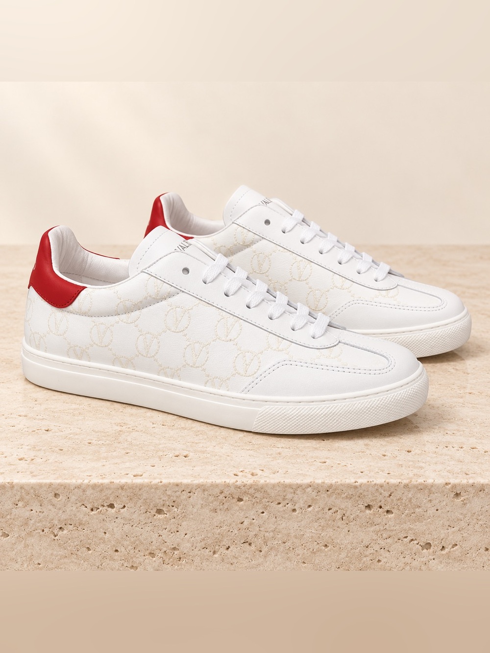 Valentino White Low-Top Sneakers with Red Heel Accent